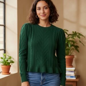 LOFT Green Bobble Knit Ruffle Hem Sweater | Size Large | NWT